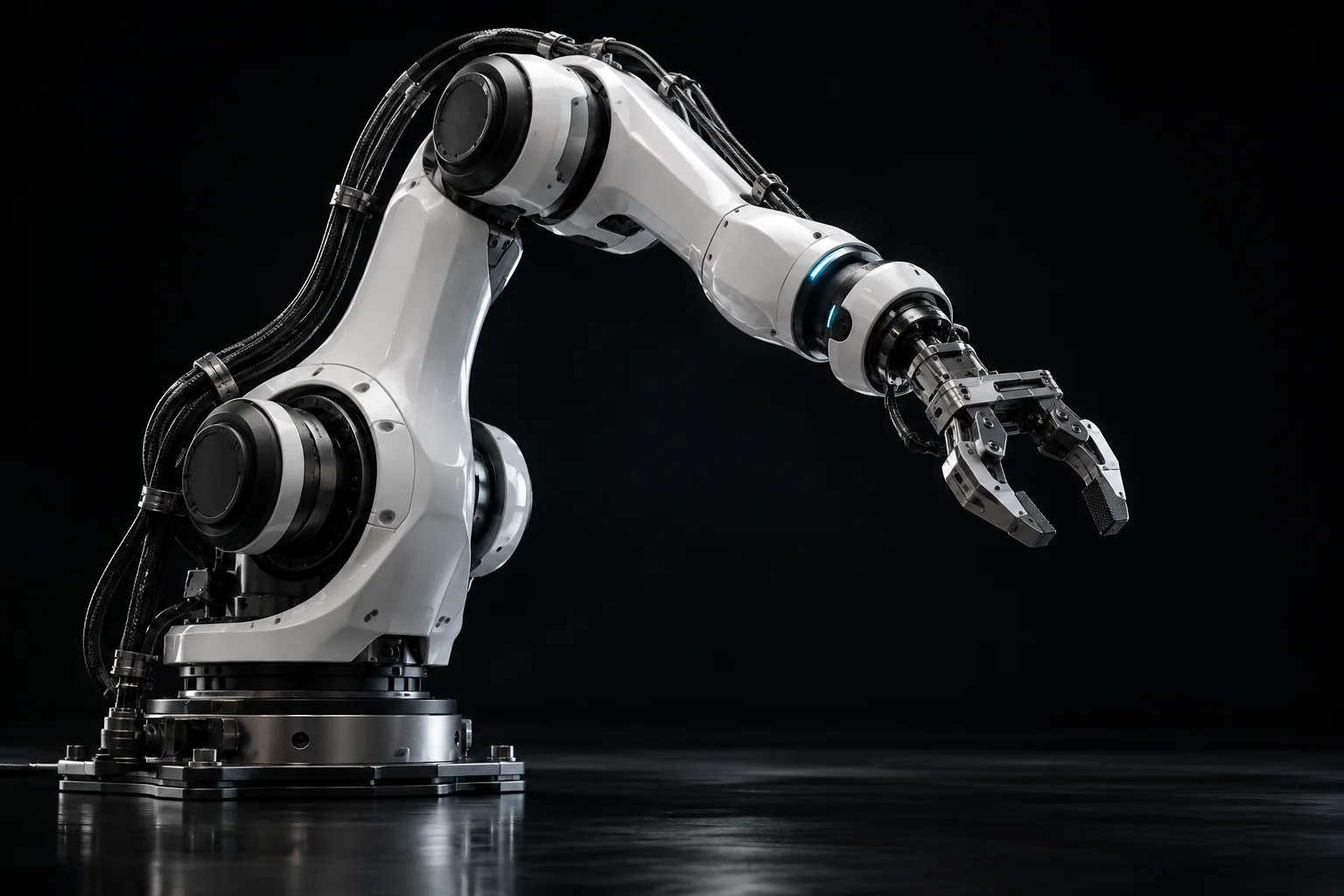 Illustrative porcelain industrial robot arm with a precision gripper in a dark laboratory